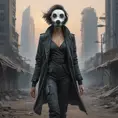 A cyberpunk dystopia, a desolate wasteland dotted with crumbling skyscrapers, the air thick with smog and radiation, a lone figure walks through the wasteland, their face obscured by a mask, carrying a flickering lantern.