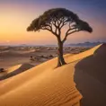 A vast, golden desert under a twilight sky, with dunes stretching endlessly, and a lone, ancient tree standing as a sentinel against the encroaching sands.
