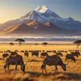 A panoramic view of a vast, golden savannah at dawn, with herds of wildlife grazing and a distant, snow-capped mountain range on the horizon.