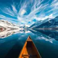 A serene lake nestled within a ring of snow-capped mountains, reflecting the azure sky and wispy clouds. A wooden canoe glides across the glassy surface, leaving a gentle ripple in its wake.