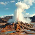 A bubbling geyser erupting in a dramatic display of steam and water, set against a backdrop of a rugged, volcanic landscape.