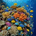 A vibrant coral reef teeming with exotic marine life, where schools of colorful fish dart among the intricate formations of coral, all set against the deep blue ocean.