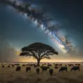 A vast, open savanna under a vast, star-filled sky, with herds of grazing animals silhouetted against the horizon, and the Milky Way stretching across the heavens.
