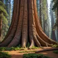 A massive, ancient sequoia tree, its bark deeply furrowed and textured. Sunlight filters through its canopy, illuminating a carpet of fallen needles on the forest floor.