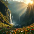 A hidden valley bathed in the golden light of dawn, waterfalls cascading down moss-covered cliffs, a blanket of vibrant wildflowers in the foreground, hyperrealistic, 8k