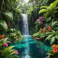 A hidden waterfall cascades into a crystal-clear pool surrounded by vibrant flowers and lush ferns. (Paradise, tropical, hidden oasis, untouched)