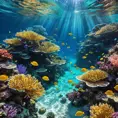 Bio luminescent coral reefs teeming with colorful fish, sunlight filtering through the crystal-clear water, creating dancing patterns of light and shadow, serene and magical