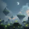 A surreal, otherworldly landscape with floating islands of rock and vegetation, suspended in a misty, twilight sky, with bioluminescent plants glowing softly.