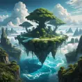 A surreal, otherworldly landscape, with floating islands suspended in a sky filled with swirling clouds. Strange, bioluminescent plants illuminate the scene with an ethereal glow.