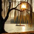 A lone swing hangs from a gnarled willow tree beside a shimmering lake, the setting sun casting golden rays across the water. (Tranquil, serene, peaceful, calming)