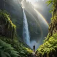 A majestic waterfall cascading down a sheer cliff face, sunlight illuminating the mist, creating a rainbow. Lush ferns and moss adorn the rocks, with a lone hiker silhouetted against the spray.