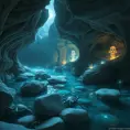 A hidden grotto bathed in ethereal moonlight, with crystal clear water flowing over smooth, white stones. Bioluminescent creatures illuminate the cave walls, casting an otherworldly glow.