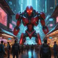 A bustling cyberpunk market, overflowing with vendors selling strange gadgets and bio-engineered goods. In the background, a holographic projection of a monstrous cybernetic creature looms over the crowd, its eyes glowing red.