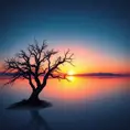 A lone, ancient tree silhouetted against a breathtaking sunset over a vast, reflective salt flat, stars beginning to appear in the deep blue sky, dreamlike and ethereal