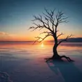 A lone, ancient tree silhouetted against a breathtaking sunset over a vast, reflective salt flat, stars beginning to appear in the deep blue sky, dreamlike and ethereal