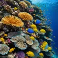 A vibrant coral reef teeming with exotic marine life, where schools of colorful fish dart among the intricate formations of coral, all set against the deep blue ocean.