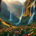 A hidden valley bathed in the golden light of dawn, waterfalls cascading down moss-covered cliffs, a blanket of vibrant wildflowers in the foreground, hyperrealistic, 8k