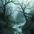 A mystical, fog-covered valley with ancient, twisted trees and a hidden, sparkling river that winds through the mist, revealing hidden waterfalls.