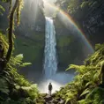 A majestic waterfall cascading down a sheer cliff face, sunlight illuminating the mist, creating a rainbow. Lush ferns and moss adorn the rocks, with a lone hiker silhouetted against the spray.