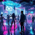 A cyberpunk nightclub, pulsating with neon lights and synthwave music, dancers with cybernetic enhancements move in a hypnotic trance, a holographic DJ spins futuristic beats, a lone figure stares out the window at the rain-soaked city.