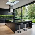 A futuristic kitchen with sleek, black cabinetry, stainless steel appliances, and a large island featuring a built-in induction cooktop and a breakfast bar with high-backed stools. A wall of windows overlooks a verdant garden.