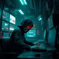 A cyberpunk hacker's lair, dimly lit room filled with blinking screens and wires, a lone figure hunched over a keyboard, their eyes glowing red as they navigate the digital underworld.
