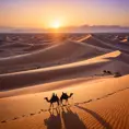 A vast, serene desert landscape at sunset, with towering sand dunes casting long shadows and a lone camel caravan silhouetted against the vibrant orange and purple sky.