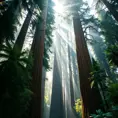 A towering, ancient redwood forest, where the massive trees form a cathedral-like canopy, and shafts of sunlight pierce through the dense foliage.
