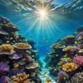Bio luminescent coral reefs teeming with colorful fish, sunlight filtering through the crystal-clear water, creating dancing patterns of light and shadow, serene and magical