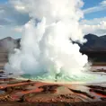 A bubbling geyser erupting in a dramatic display of steam and water, set against a backdrop of a rugged, volcanic landscape.