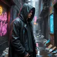A decaying cyberpunk alleyway, graffiti-covered walls illuminated by flickering neon signs, a lone figure in a hooded cloak sifting through trash, the air thick with the smell of ozone and decay.