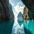 A hidden, crystal-clear lagoon surrounded by towering limestone cliffs, with the water so still it mirrors the sky above, creating a perfect, otherworldly reflection.