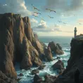 A rugged coastline with towering cliffs carved by the relentless ocean waves, where seabirds soar overhead and a lighthouse stands as a beacon of hope.
