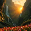 A hidden valley bathed in the golden light of dawn, waterfalls cascading down moss-covered cliffs, a blanket of vibrant wildflowers in the foreground, hyperrealistic, 8k
