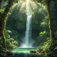 A cascading waterfall surrounded by lush, emerald-green rainforest, with rays of sunlight piercing through the dense canopy, creating a magical, ethereal glow.
