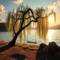 A lone swing hangs from a gnarled willow tree beside a shimmering lake, the setting sun casting golden rays across the water. (Tranquil, serene, peaceful, calming)