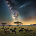 A vast, open savanna under a vast, star-filled sky, with herds of grazing animals silhouetted against the horizon, and the Milky Way stretching across the heavens.