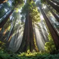 A towering, ancient redwood forest, where the massive trees form a cathedral-like canopy, and shafts of sunlight pierce through the dense foliage.
