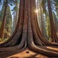 A massive, ancient sequoia tree, its bark deeply furrowed and textured. Sunlight filters through its canopy, illuminating a carpet of fallen needles on the forest floor.