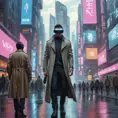 A cyberpunk cityscape, a giant holographic advertisement for a virtual reality game dominates the skyline, people wearing VR headsets walk down the street, their eyes glazed over, a lone figure in a trench coat walks past, a look of defiance on their face.