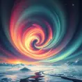 A swirling vortex of vibrant colors, representing the aurora borealis dancing across a frozen, arctic landscape. Stars twinkle in the night sky, casting a magical light on the scene.