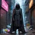 A decaying cyberpunk alleyway, graffiti-covered walls illuminated by flickering neon signs, a lone figure in a hooded cloak sifting through trash, the air thick with the smell of ozone and decay.