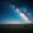 A vast, open savanna under a vast, star-filled sky, with herds of grazing animals silhouetted against the horizon, and the Milky Way stretching across the heavens.