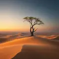 A vast, golden desert under a twilight sky, with dunes stretching endlessly, and a lone, ancient tree standing as a sentinel against the encroaching sands.