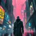 A towering, neon-drenched cyberpunk city, with holographic billboards advertising illicit services and flying vehicles weaving through the smog-filled sky. In the foreground, a lone figure in a trench coat walks down a rain-slicked street, their face obscured by a glowing cybernetic mask.
