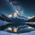 A snow-covered mountain range under a clear, starry night sky, with the Milky Way visible in the background and a frozen lake reflecting the celestial beauty.