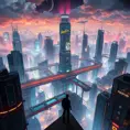 Cyberpunk cityscape, intricate network of neon-lit sky bridges connecting towering chrome skyscrapers, holographic advertisements projecting onto the clouds, flying cars zipping through the air, a lone figure silhouetted against the shimmering lights.