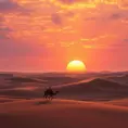 A vast, serene desert landscape at sunset, with towering sand dunes casting long shadows and a lone camel caravan silhouetted against the vibrant orange and purple sky.