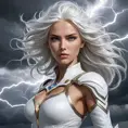 Storm commanding the weather, lightning crackling around her, eyes glowing white, flowing white hair, powerful stance, epic scale, dramatic sky, fantasy art style