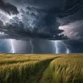 A vast, open prairie under a dramatic thunderstorm, with lightning bolts illuminating the dark clouds and the tall grass swaying in the strong winds.